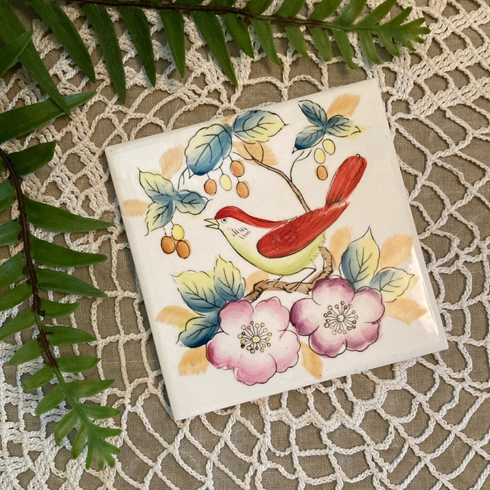 Vintage Bird And Blooms Hand Painted Japanese Ceramic Tile With F M Mark
